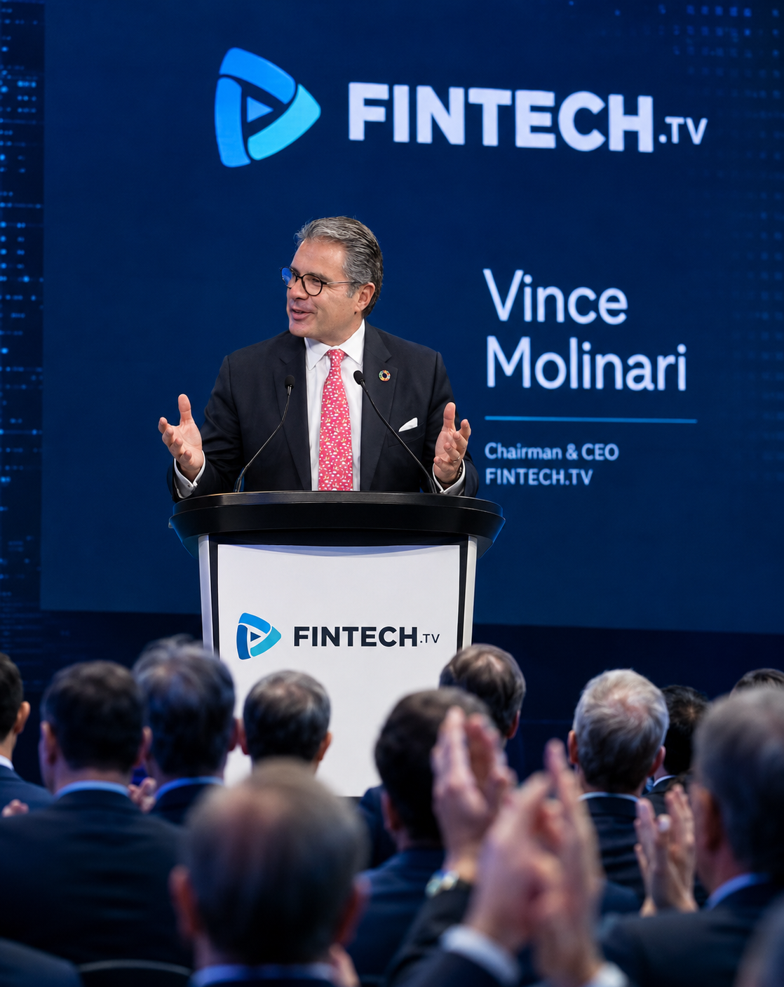 Vince Molinari speaking on stage at a global finance and fintech conference